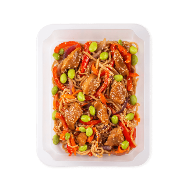 Pożywny makaron z delikatnym kurczakiem w aromatycznym sosie teriyaki i warzywnymi dodatkami. Syta, kolorowa propozycja z nutą azjatyckiej egzotyki — idealna na szybki posiłek.
