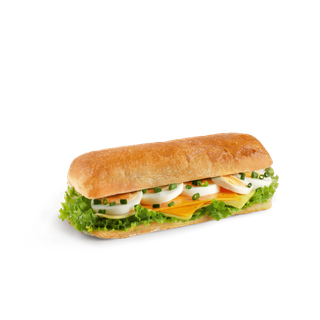 Aromatyczna ciabatta z mieszanką serów mimolette i żółtego oraz jajkiem na twardo. Pyszne połączenie smaków, urozmaicone świeżym szczypiorkiem i majonezem.

