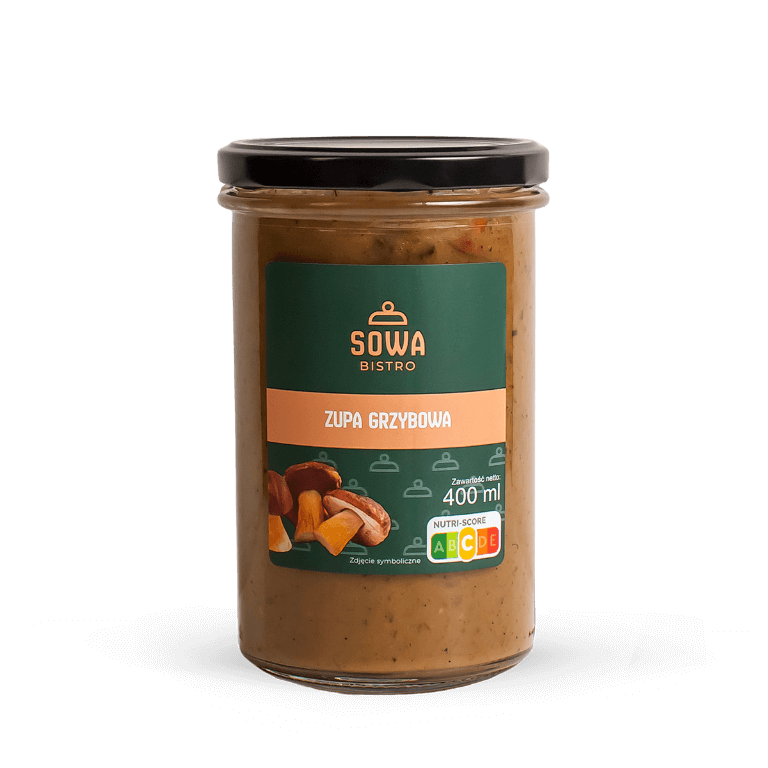 Zupa grzybowa Sowa Bistro w szklanym słoiku 400 ml – aromatyczna gotowa zupa z grzybami leśnymi, produkt premium.
